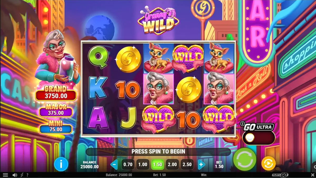Granny’s Wild slot com tema de vovó em Las Vegas e luzes neon