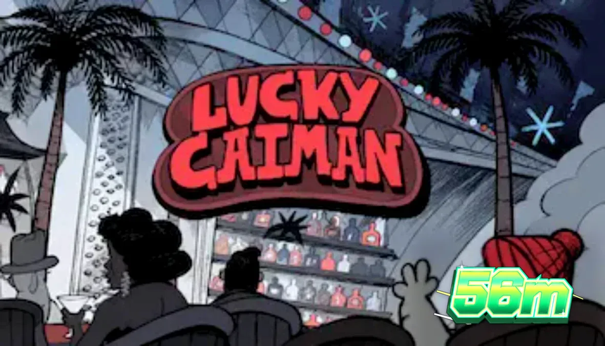 Cenário elegante e retrô do slot Lucky Caiman com o crocodilo anfitrião.